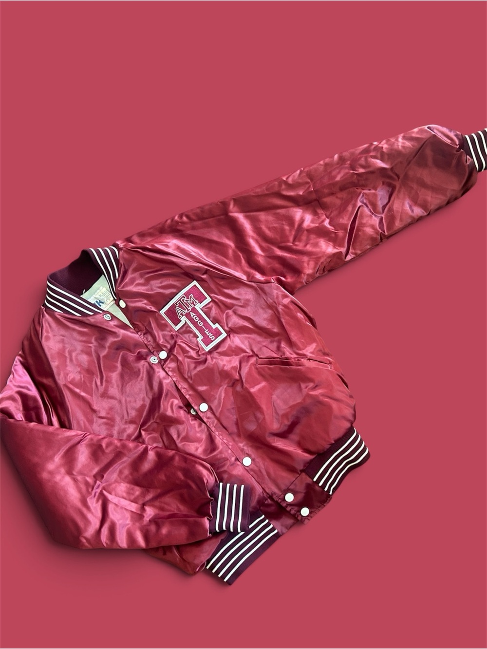 Vintage-Style Satin Bomber Jacket in Burgundy - Collegiate Patch Texas A&M